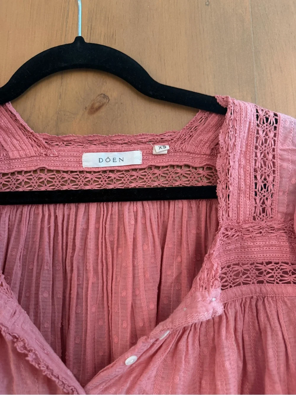 Doen Rose-Pink Cotton Peasant Dress with Lace Trim